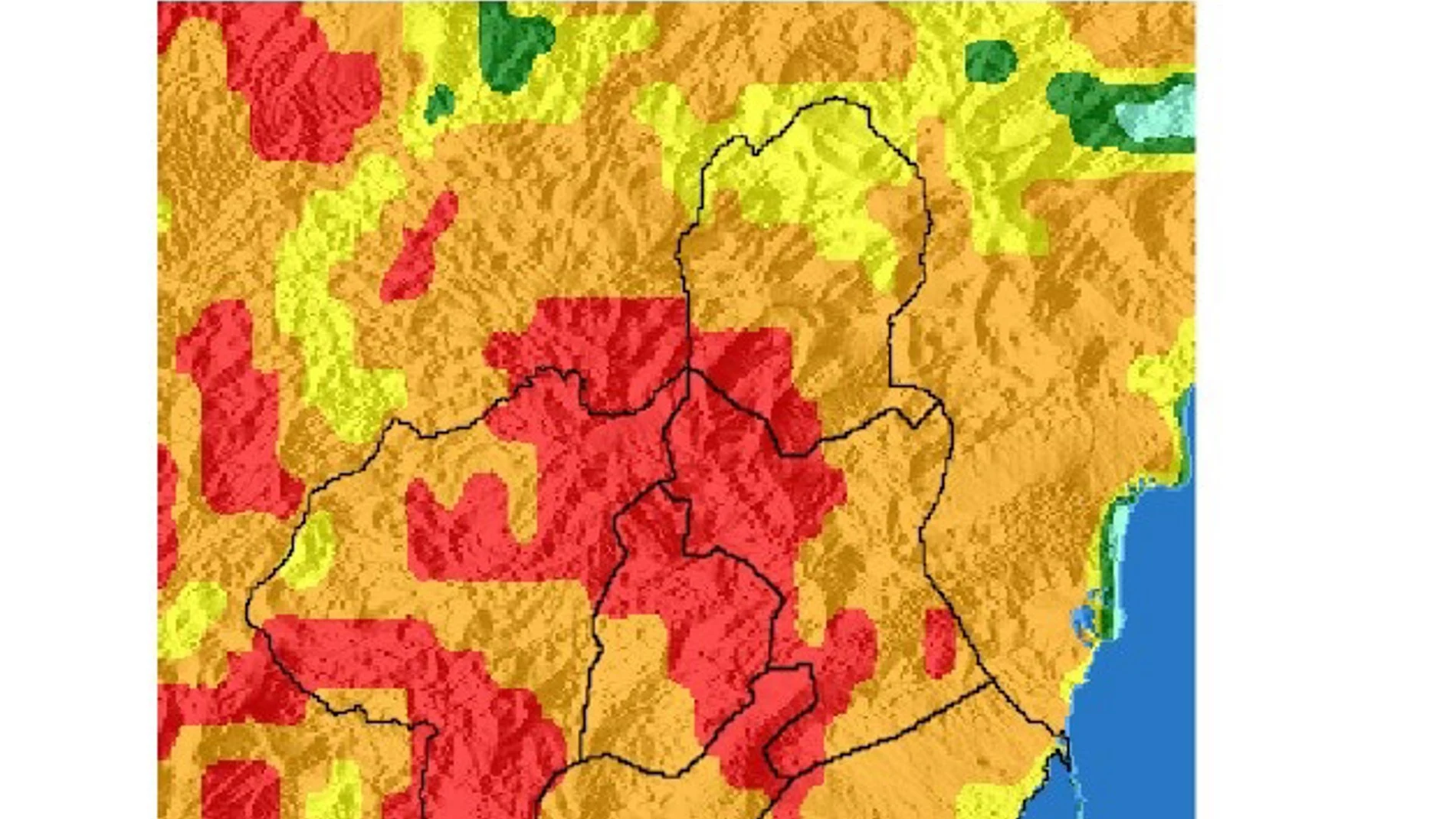 MURCIA.-El nivel de riesgo de incendio forestal previsto para este lunes es extremo en la Cuenca de Mula y el Noroeste