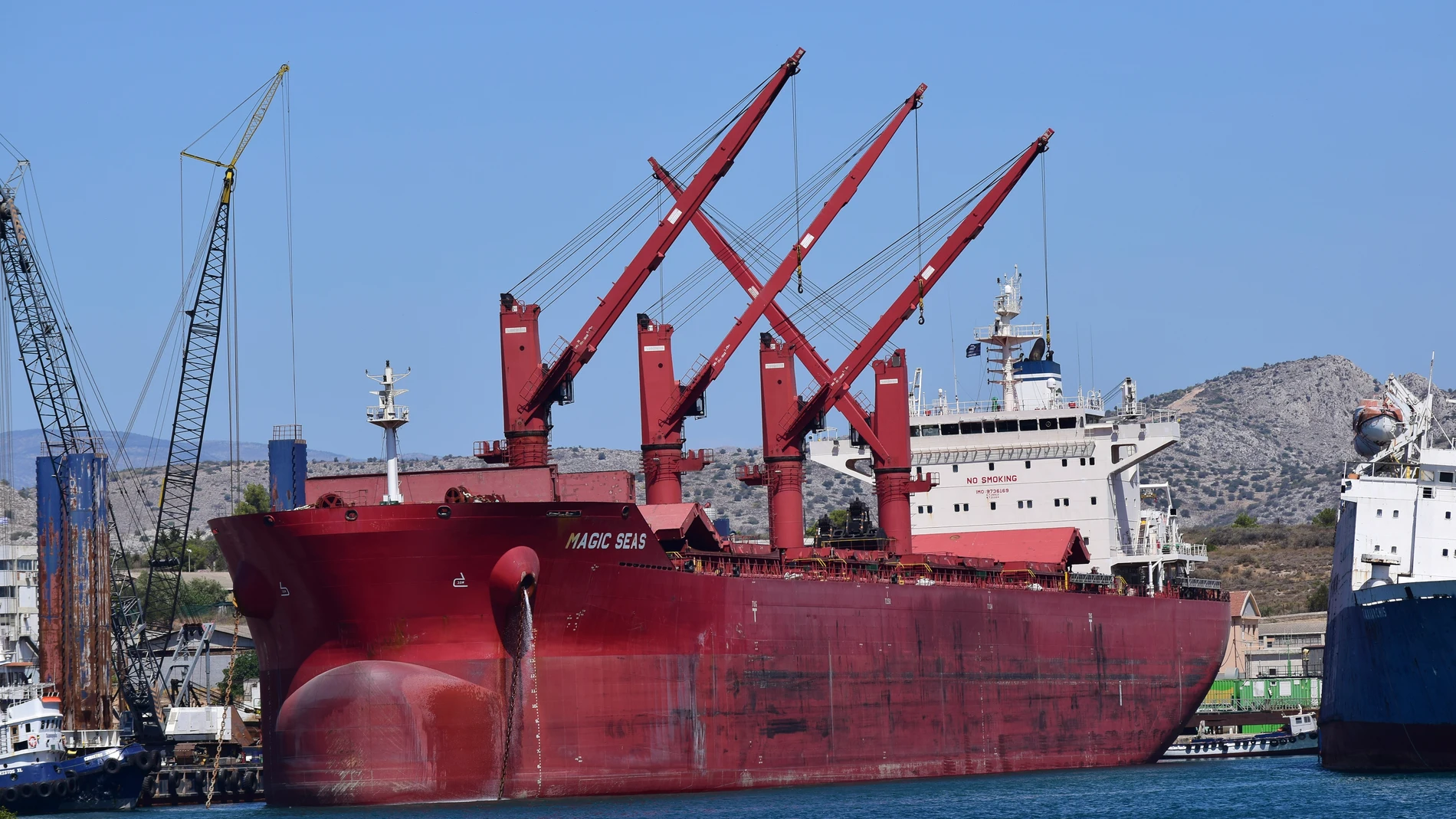 The Liberian-flagged bulk carrier Magic Seas is seen in Ambelakia Bay, Salamis Island, Greece, Aug. 9, 2022. (Nektarios Papadakis via AP)