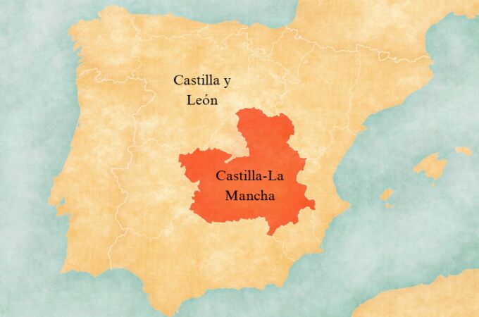 Mapa de España por Comunidades Autónomas con Castilla-La Mancha resaltada en naranja