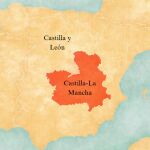 Mapa de España por Comunidades Autónomas con Castilla-La Mancha resaltada en naranja