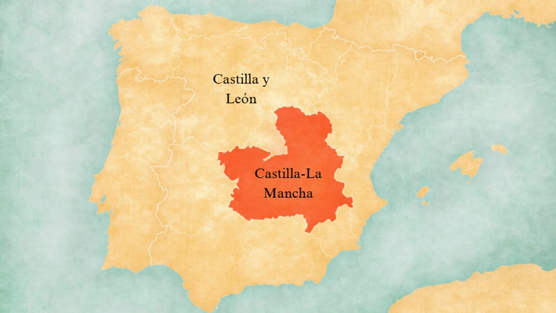 Mapa de España por Comunidades Autónomas con Castilla-La Mancha resaltada en naranja