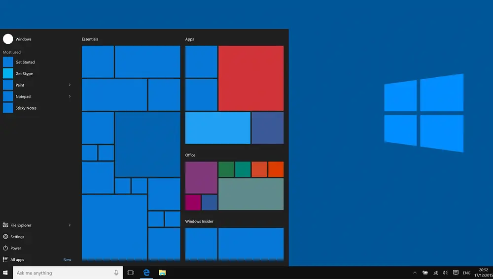 Una pantalla de inicio de Windows 10