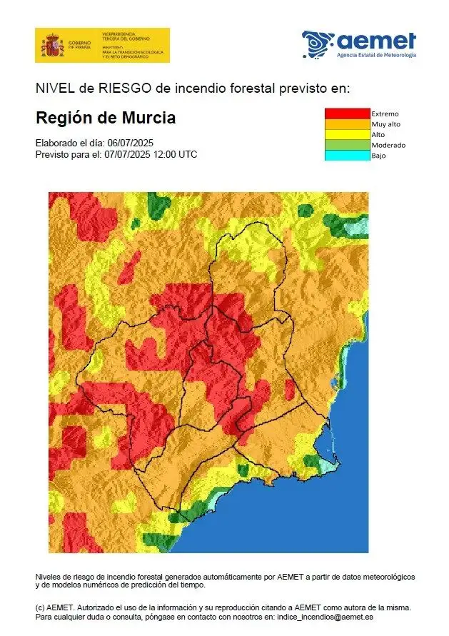 El nivel de riesgo de incendio forestal previsto para este lunes es extremo en la Cuenca de Mula y el Noroeste