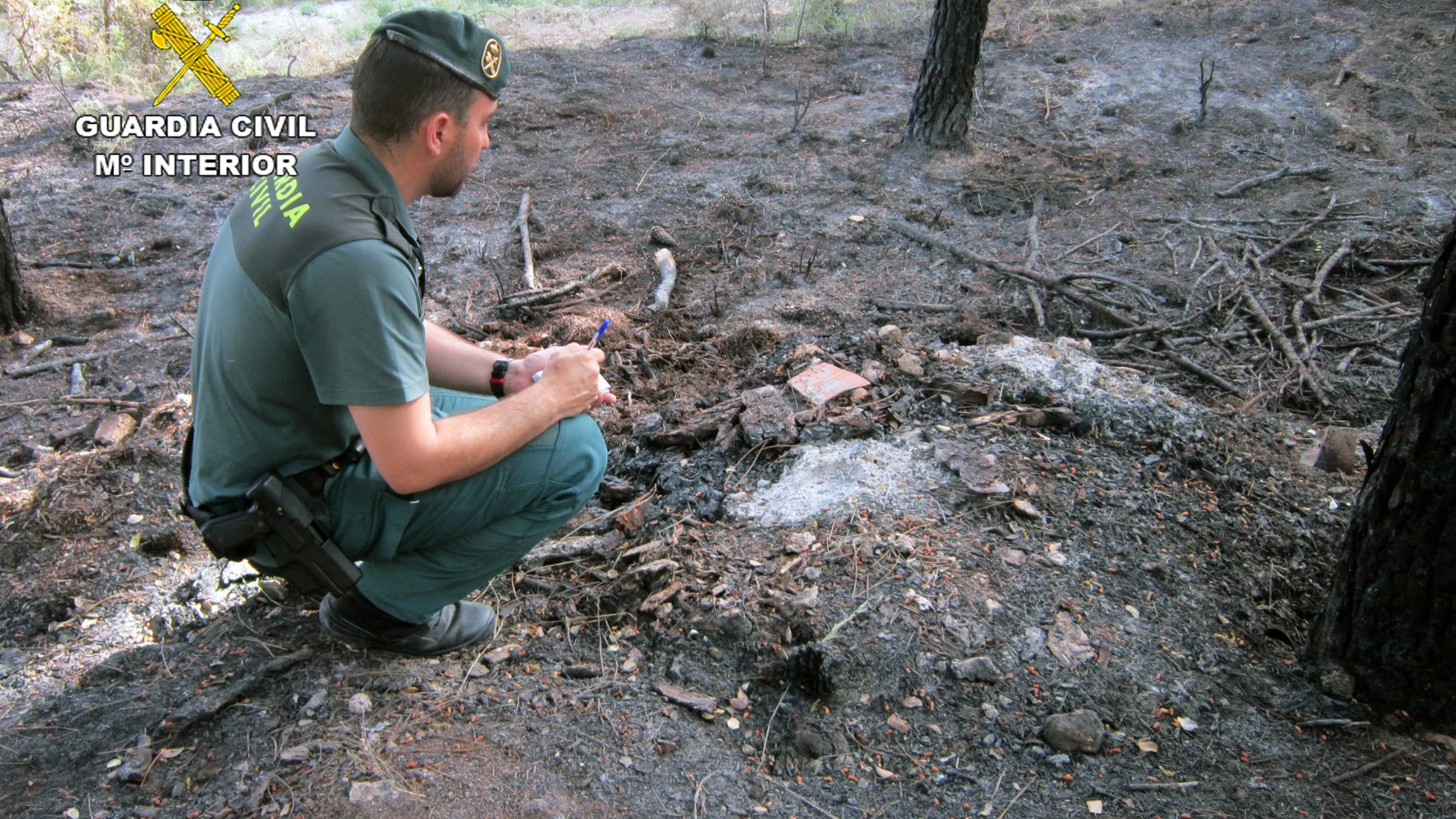 Un agente de la Guardia Civil junto al lugar donde fue declarado el incendio REMITIDA / HANDOUT por Guardia Civil Fotografía remitida a medios de comunicación exclusivamente para ilustrar la noticia a la que hace referencia la imagen, y citando la procedencia de la imagen en la firma 07/07/2025
