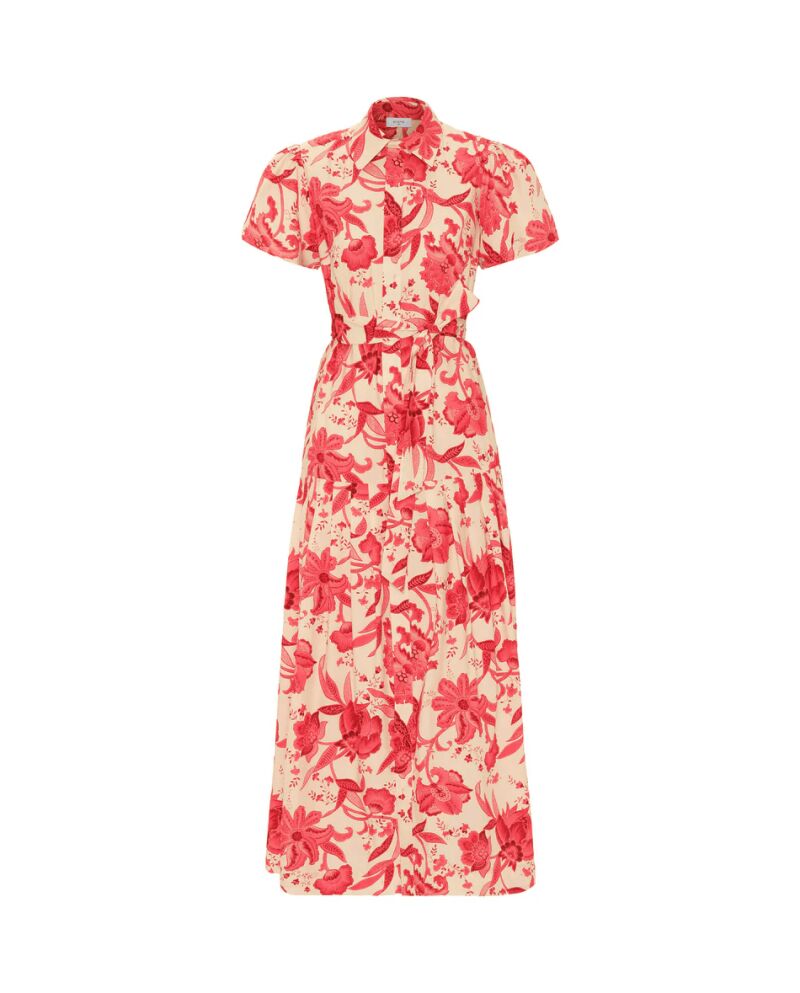Vestido camisero estampado floral rojo.