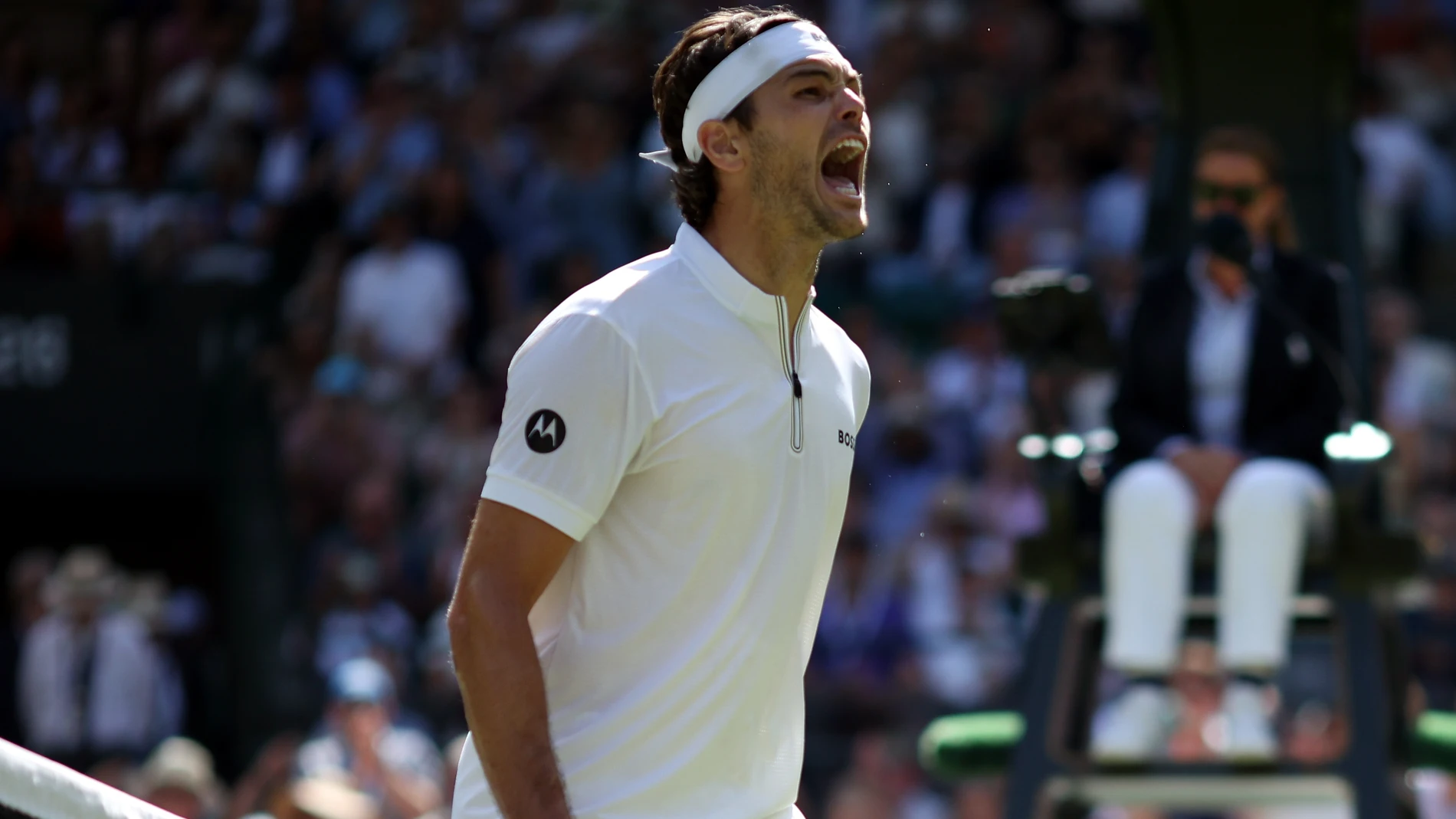 Wimbledon (United Kingdom), 08/07/2025.- Taylor Fritz of USA celebrates winning the Men's quarterfinal match against Karen Khachanov of Russia at the Wimbledon Championships, Wimbledon, Britain, 08 July 2025. (Tenis, Rusia, Reino Unido) EFE/EPA/ADAM VAUGHAN EDITORIAL USE ONLY EDITORIAL USE ONLY
