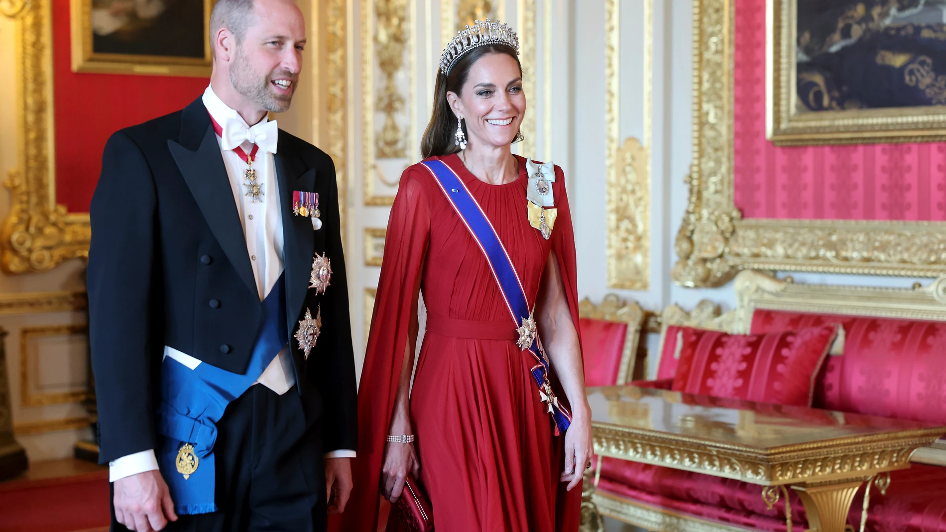 Britain's Prince William, and Kate, Princess of Wales attend the State Banquet at Windsor Castle in Windsor, England, Tuesday, July 8, 2025. (Chris Jackson/Pool Photo via AP)