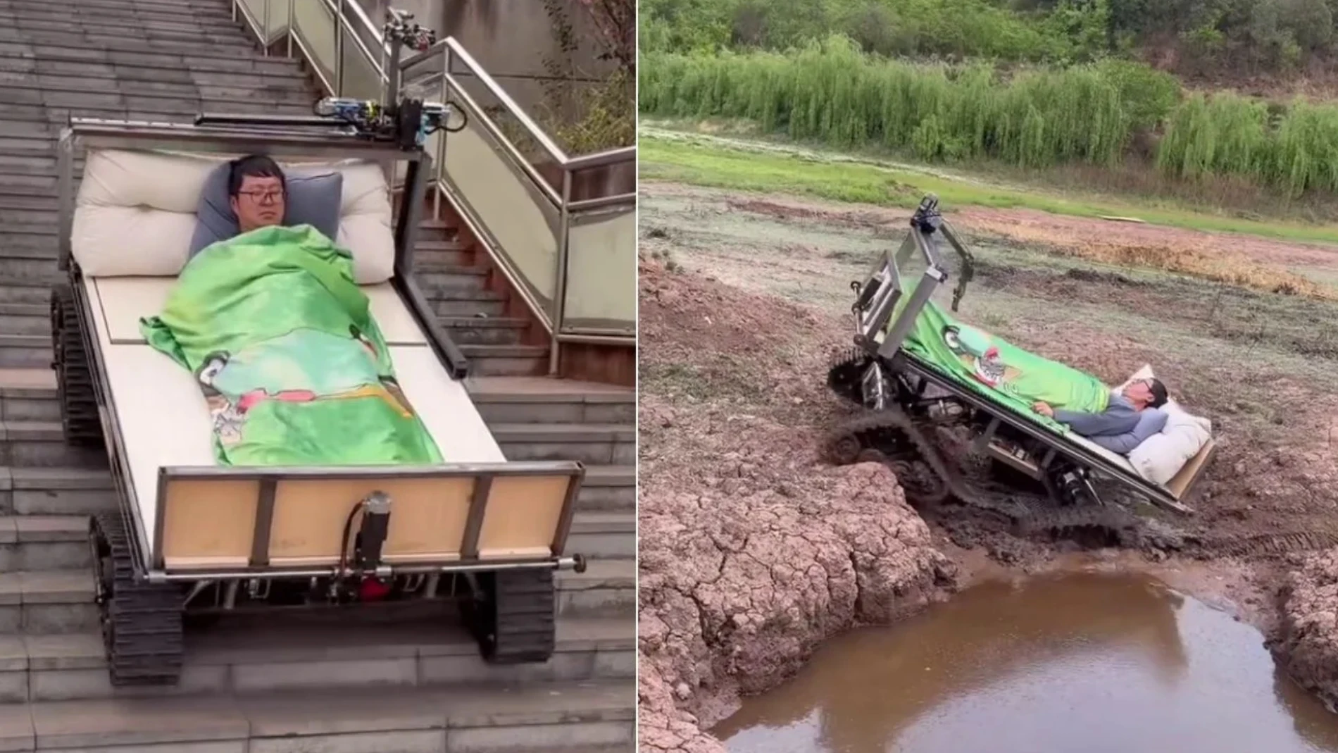 La 'cama motorizada' de Yupeng se puede controlar con un joystick y es capaz de bajar escaleras y de subir terrenos escarpados