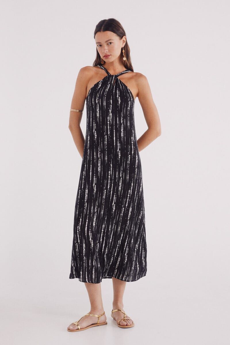 Vestido midi escote halter lurex.