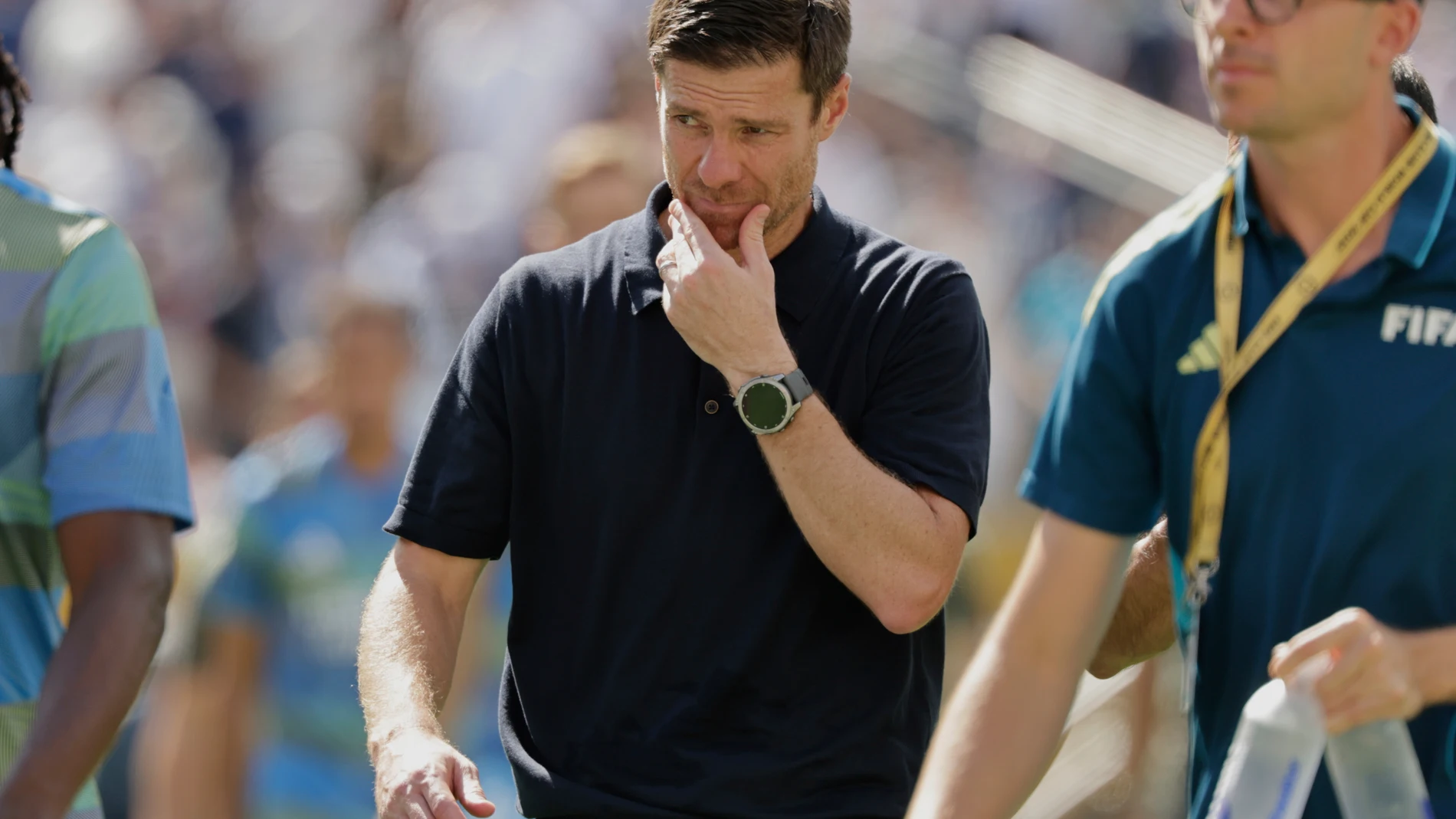 Real Madrid manager Xabi Alonso reacts during the Club World Cup semifinal soccer match between PSG and Real Madrid in East Rutherford, N.J., Wednesday, July 9, 2025. (AP Photo/Adam Hunger)