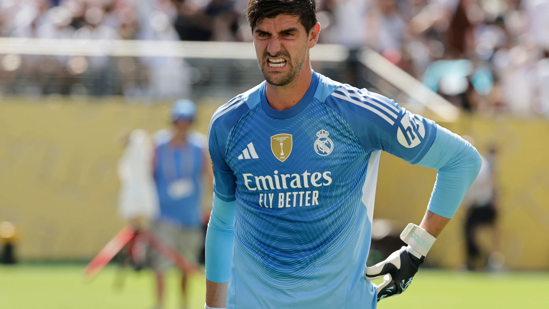 Real Madrid's Thibaut Courtois reacts after a crash during the Club World Cup semifinal soccer match between PSG and Real Madrid in East Rutherford, N.J., Wednesday, July 9, 2025. (AP Photo/Adam Hunger)
