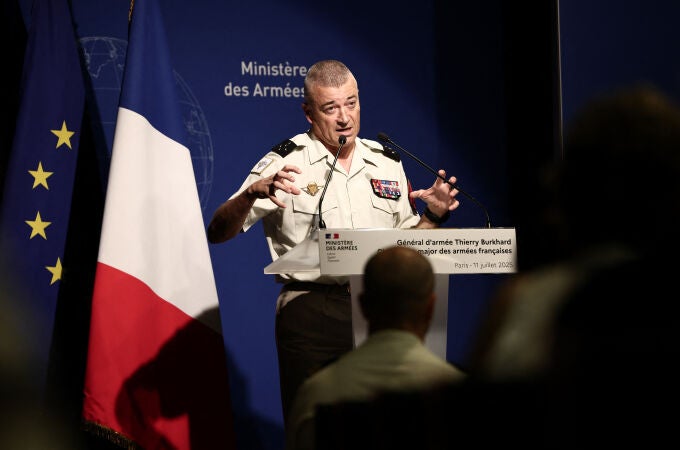 Chief of the Defence Staff of France General Thierry Burkhard addresses the audience during a press conference in Paris on July 11, 2025. In front of "worsening international threats", France's President will "draw conclusions regarding defense efforts", on July 13, 2025 during a speech to the Armed Forces, anticipating "major announcements".
