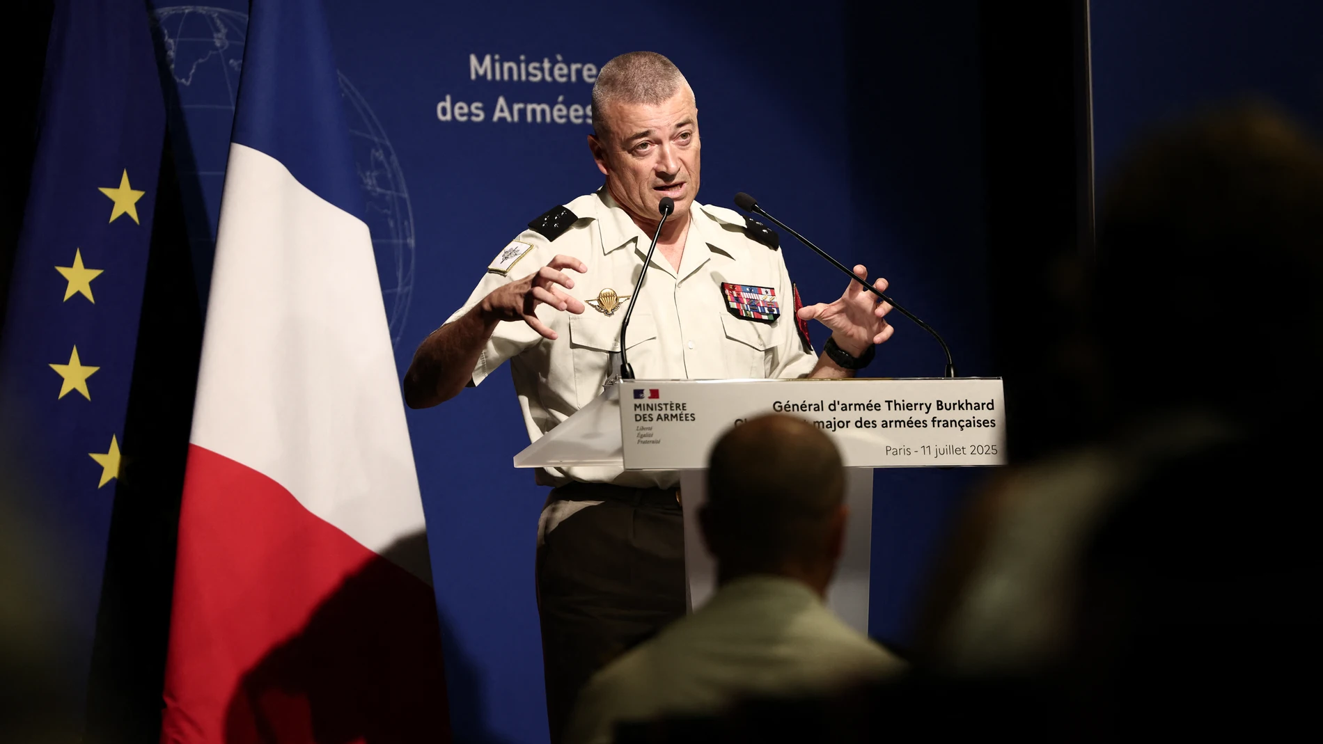 Chief of the Defence Staff of France General Thierry Burkhard addresses the audience during a press conference in Paris on July 11, 2025. In front of "worsening international threats", France's President will "draw conclusions regarding defense efforts", on July 13, 2025 during a speech to the Armed Forces, anticipating "major announcements".