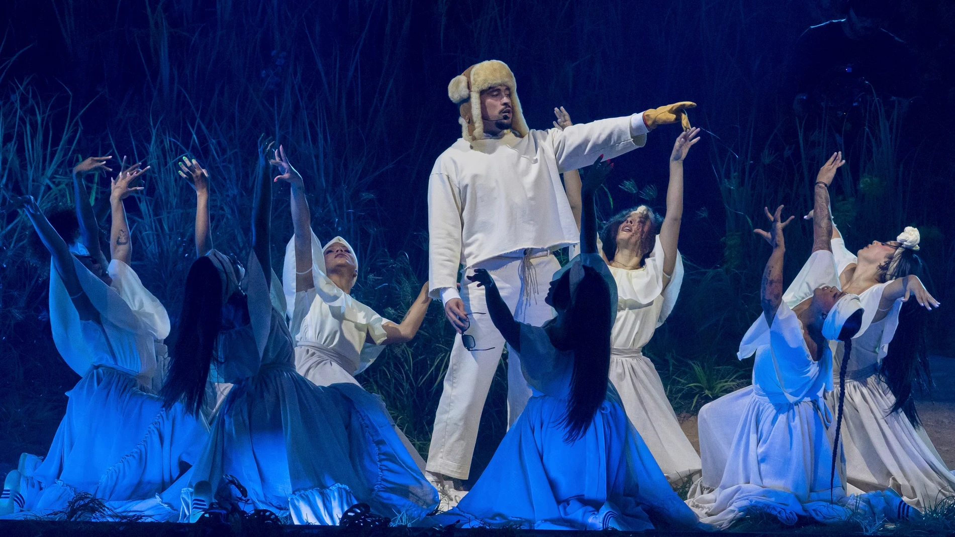 Bad Bunny performs during his first show of his 30-date concert residency at the Coliseo de Puerto Rico José Miguel Agrelot, in San Juan, Puerto Rico, Friday, July 11, 2025. (AP Photo/Alejandro Granadillo)