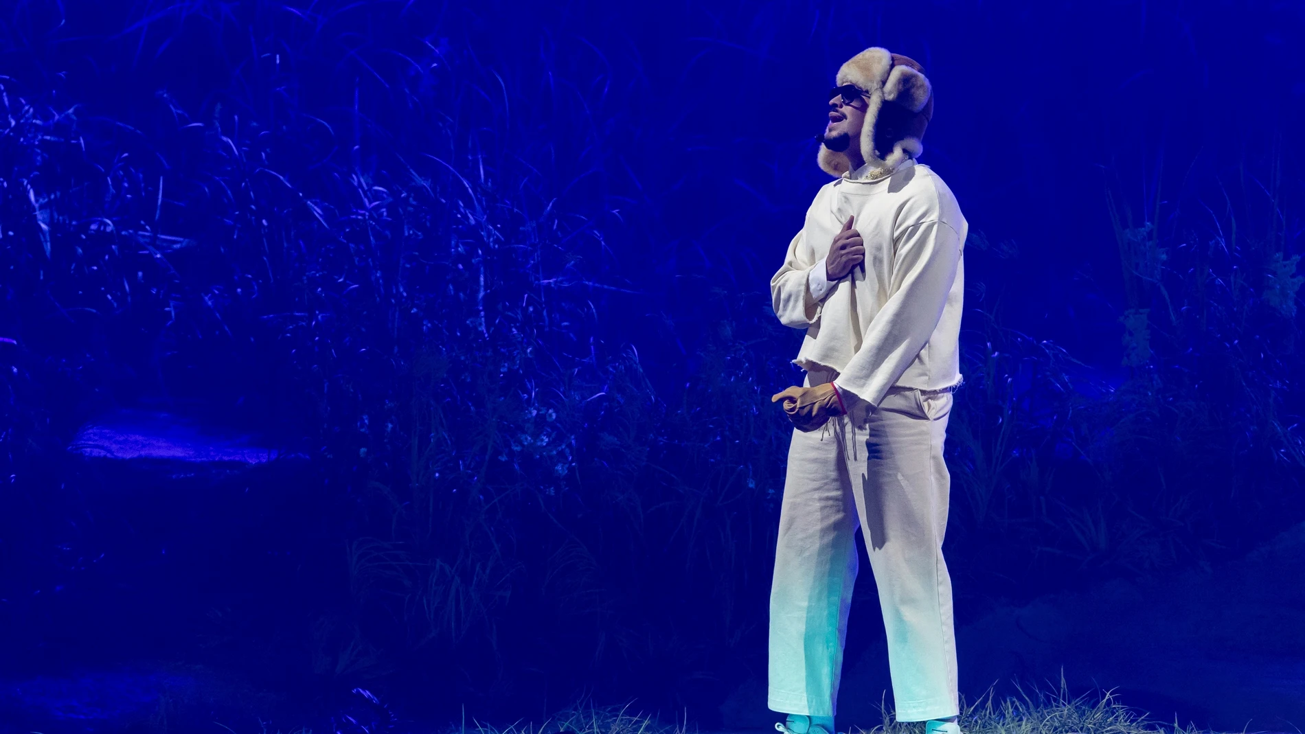 Bad Bunny performs during his first show of his 30-date concert residency at the Coliseo de Puerto Rico José Miguel Agrelot, in San Juan, Puerto Rico, Friday, July 11, 2025. (AP Photo/Alejandro Granadillo)