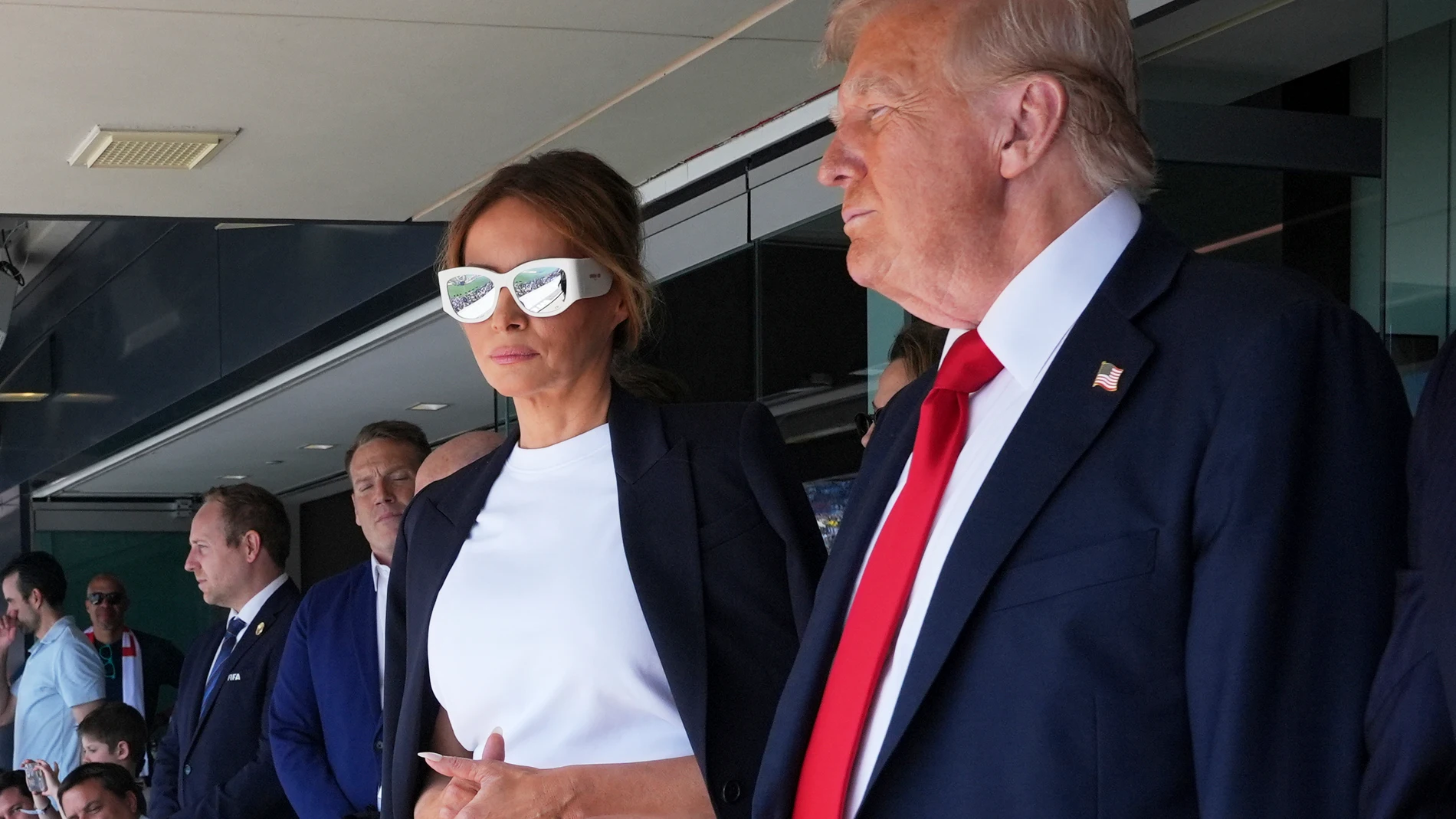 President Donald Trump, right, and first lady Melania Trump attend the Club World Cup final soccer match, at MetLife Stadium in East Rutherford, N.J., Sunday, July 13, 2025. (AP Photo/Jacquelyn Martin)