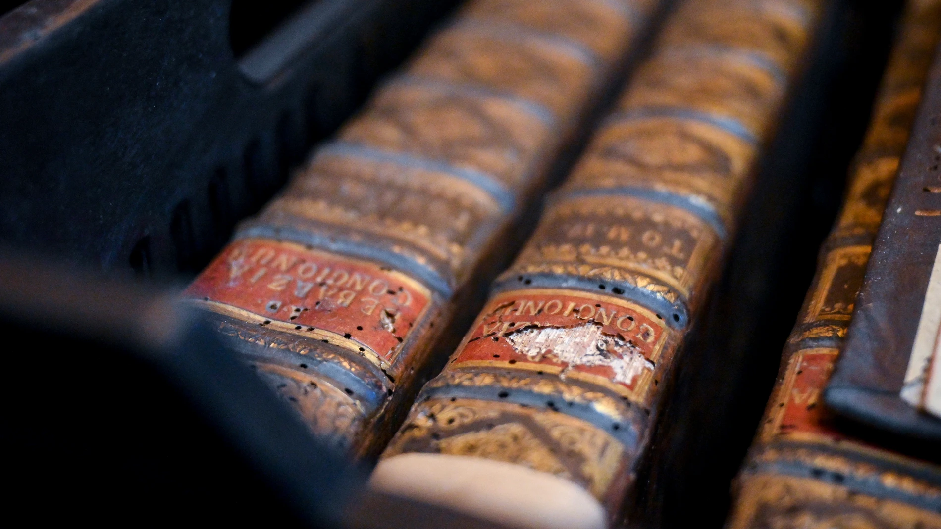 This photo provided by Pannonhalma Archabbey shows structural damage of old books due to a drugstore beetle infestation, at the Pannonhalma Archabbey's library in Pannonhalma, Hungary, Thursday, July 3, 2025, as a beetle infestation threatens its ancient collection. (Pannonhalma Archabbey via AP)