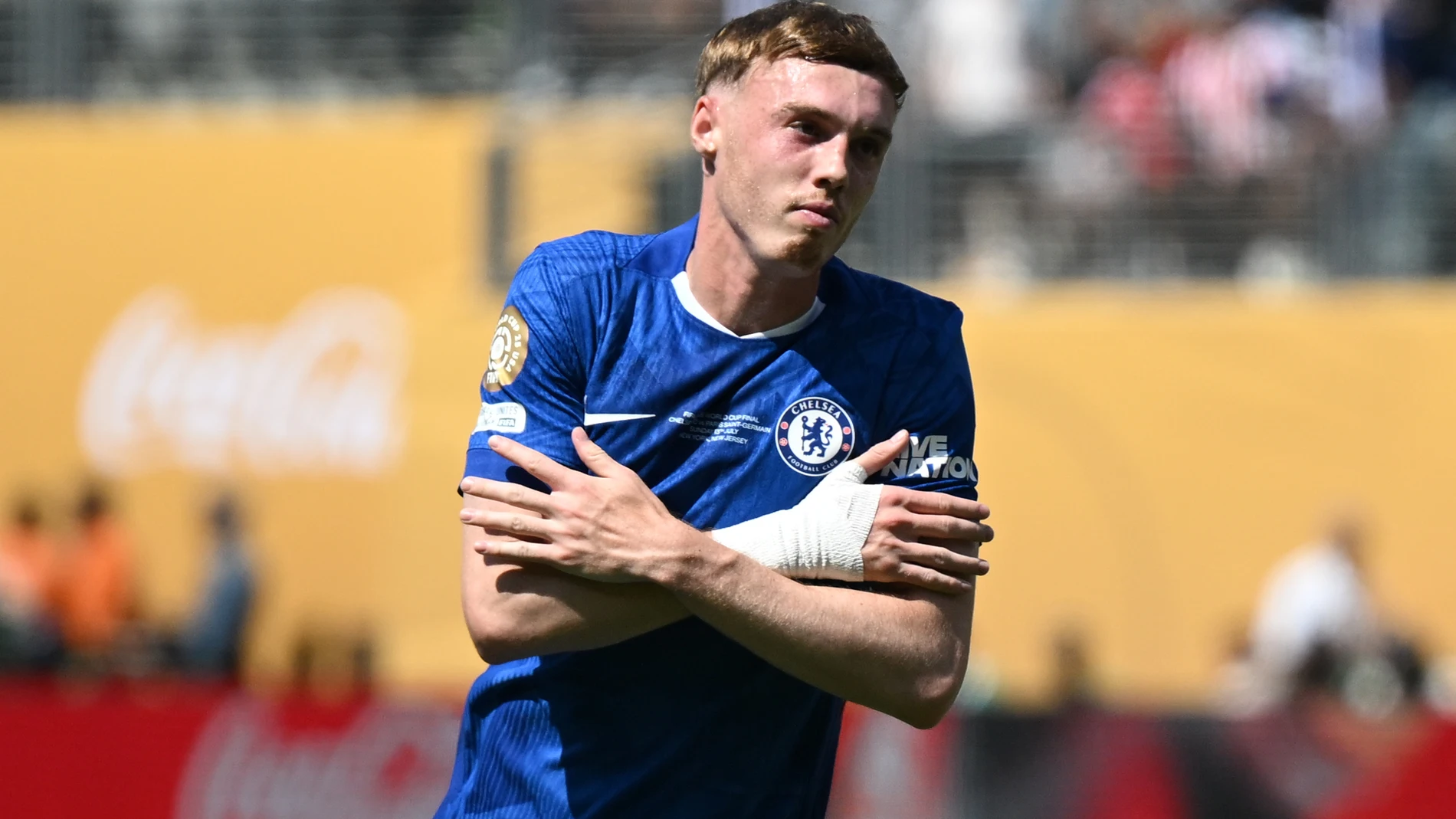 13 July 2025, US, East Rutherford: Chelsea's Cole Palmer celebrates after scoring his side's first goal of the game during the FIFA Club World Cup final soccer match between Chelsea FC and Paris Saint-Germain at MetLife Stadium. Photo: Sven Hoppe/dpa 13/07/2025 ONLY FOR USE IN SPAIN