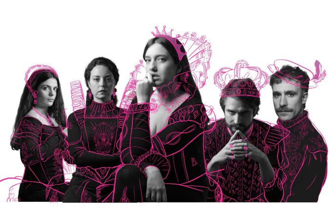 Imagen del elenco de 'Free Britney, una historia en verso del S.XXI': Saioa Lara, Paula Casales, Cristina Subirats, Iñigo Arricibita y Ángel Villalón 
