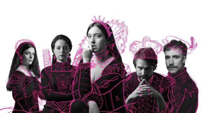 Imagen del elenco de 'Free Britney, una historia en verso del S.XXI': Saioa Lara, Paula Casales, Cristina Subirats, Iñigo Arricibita y Ángel Villalón 