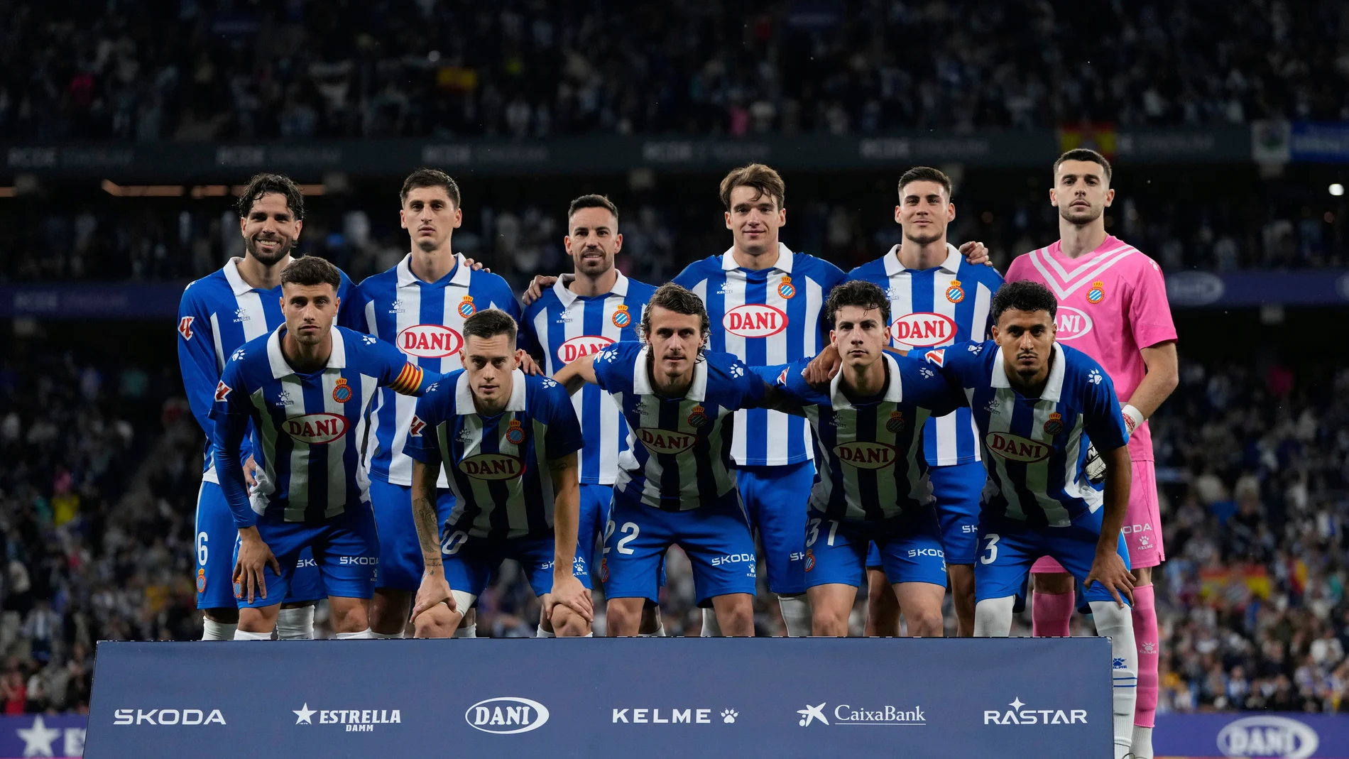 FILE - Espanyol players pose before a Spanish La Liga soccer match between Espanyol and Barcelona in Barcelona, Spain, May 15, 2025. (AP Photo/Jose Breton, File)