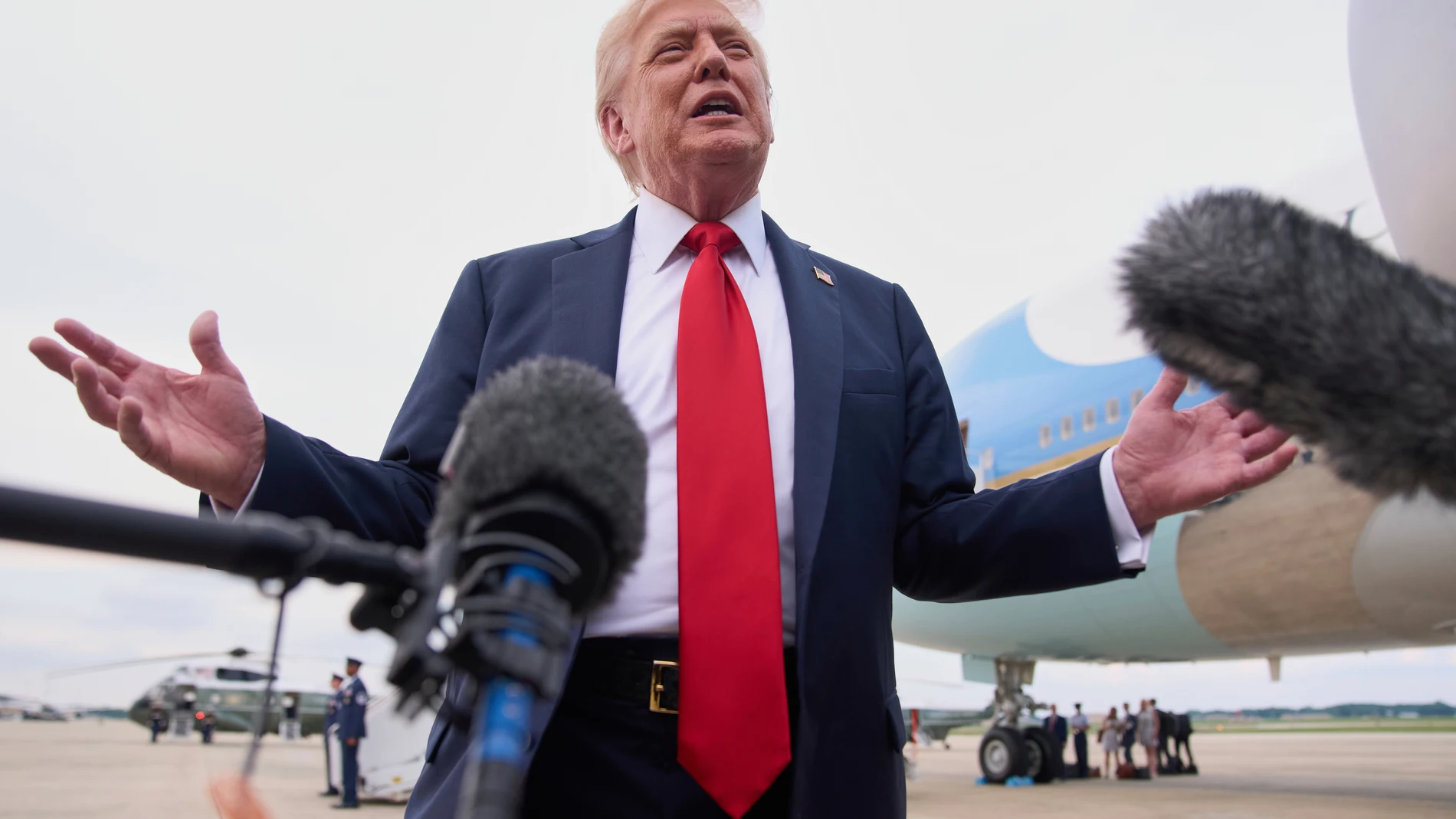 President Donald Trump speaks to the media, Sunday, July 13, 2025, on arrival to Joint Base Andrews, Md., en route to Washington, after attending the Club World Cup final soccer match in New Jersey. (AP Photo/Jacquelyn Martin)