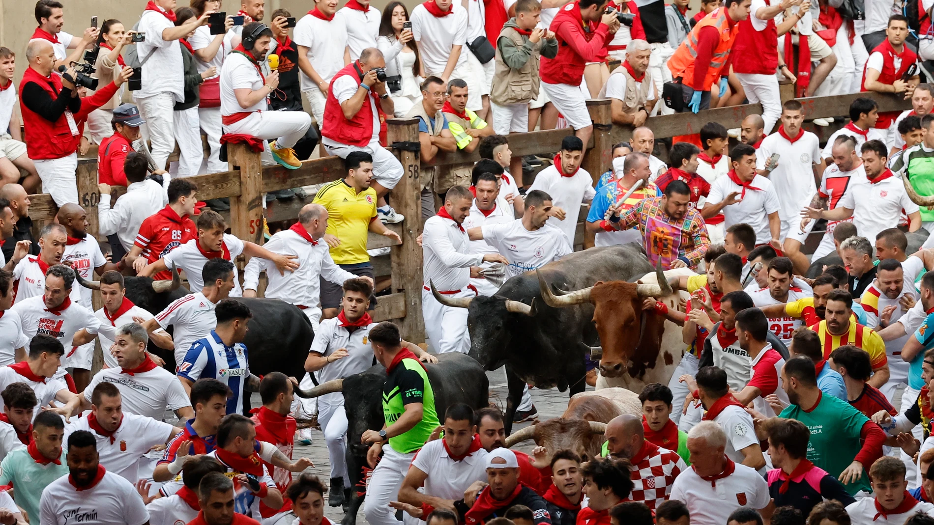 PAMPLONA, 14/07/2025.- Los mozos son perseguidos por toros de la ganadería sevillana de Miura durante el octavo y último encierro de los Sanfermines este lunes. EFE/ Villar López