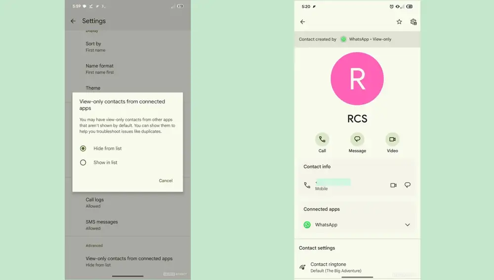 Contactos de Google te permite ocultar los contactos importados desde otras apps