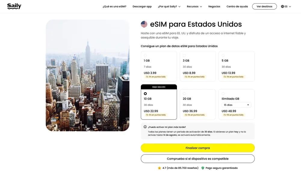 Precios de Saily en Estados Unidos