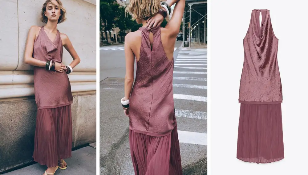 Vestido combinado marsala con falda plisada (39,95€)