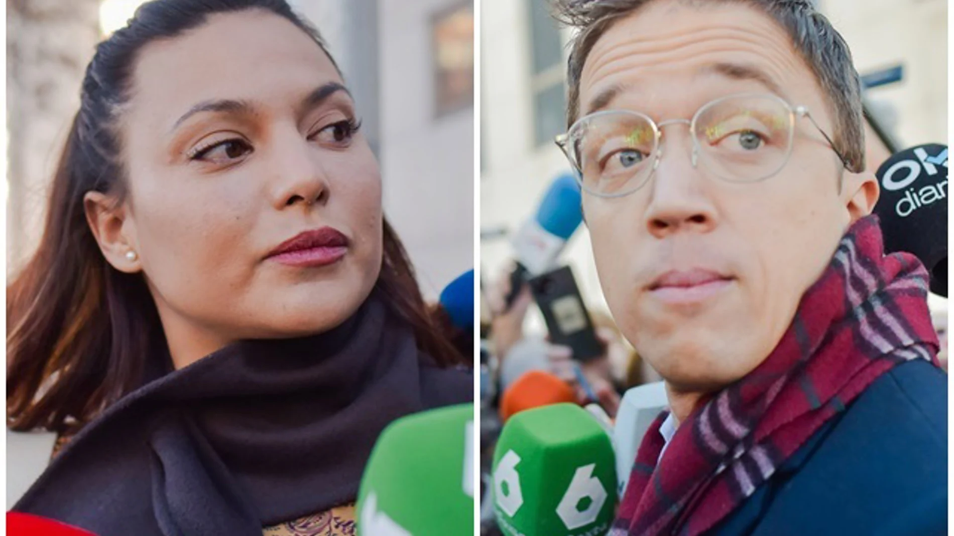 Íñigo Errejón y Elisa Mouliaá en sus declaraciones ante los medios de comunicación