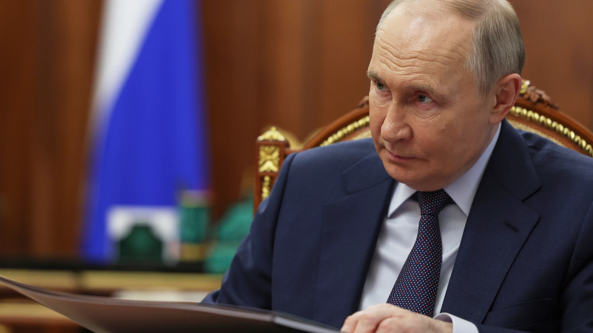 Russian President Vladimir Putin speaks with Alexander Avdeyev, the governor of Vladimir region, during their meeting at the Kremlin in Moscow, Russia, Friday, July 18, 2025. (Mikhail Metzel, Sputnik, Kremlin Pool Photo via AP)