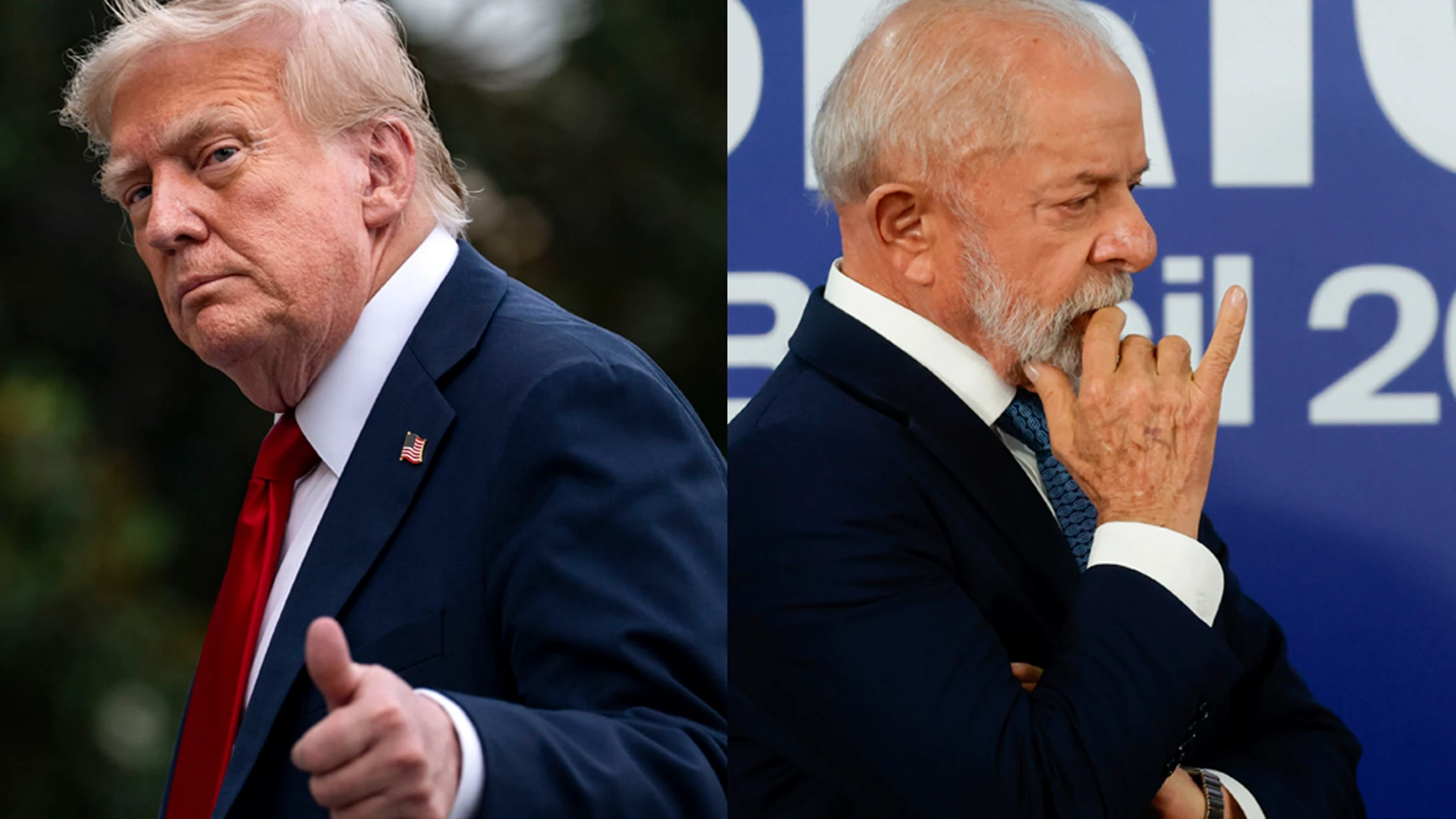 AME3720. BOGOTÁ (COLOMBIA), 18/07/2025.- Combo de fotografías de archivo del presidente de Estados Unidos, Donald Trump (i), y el presidente de Brasil, Luiz Inácio Lula da Silva. El juicio contra el expresidente brasileño Jair Bolsonaro, acusado de liderar una conspiración golpista contra el Gobierno de Lula, ha generado una crisis diplomática y comercial sin precedentes entre Brasil y Estados Unidos. EFE/ Archivo