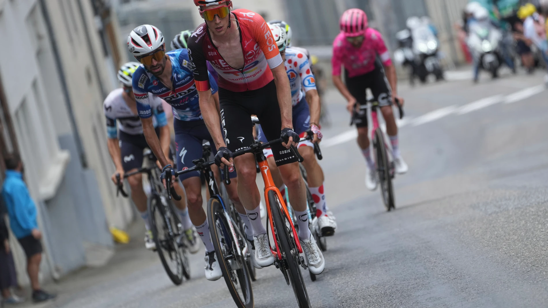 France's Valentin Paret Peintre, left, Netherlands' Thymen Arensman, front, and Ireland's Ben Healy, rear right, climb Tourmalet pass during the fourteenth stage of the Tour de France cycling race over 182.6 kilometers (113.5 miles) with start in Pau and finish in Luchon Superbagneres, France, Saturday, July 19, 2025. (AP Photo/Thibault Camus)