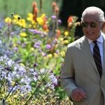 Britain's King Charles III smiles during a visit to a community garden, the historic walled garden at Deal Castle, known as the Captain's Garden , in Deal, south-east England on July 10, 2025. 