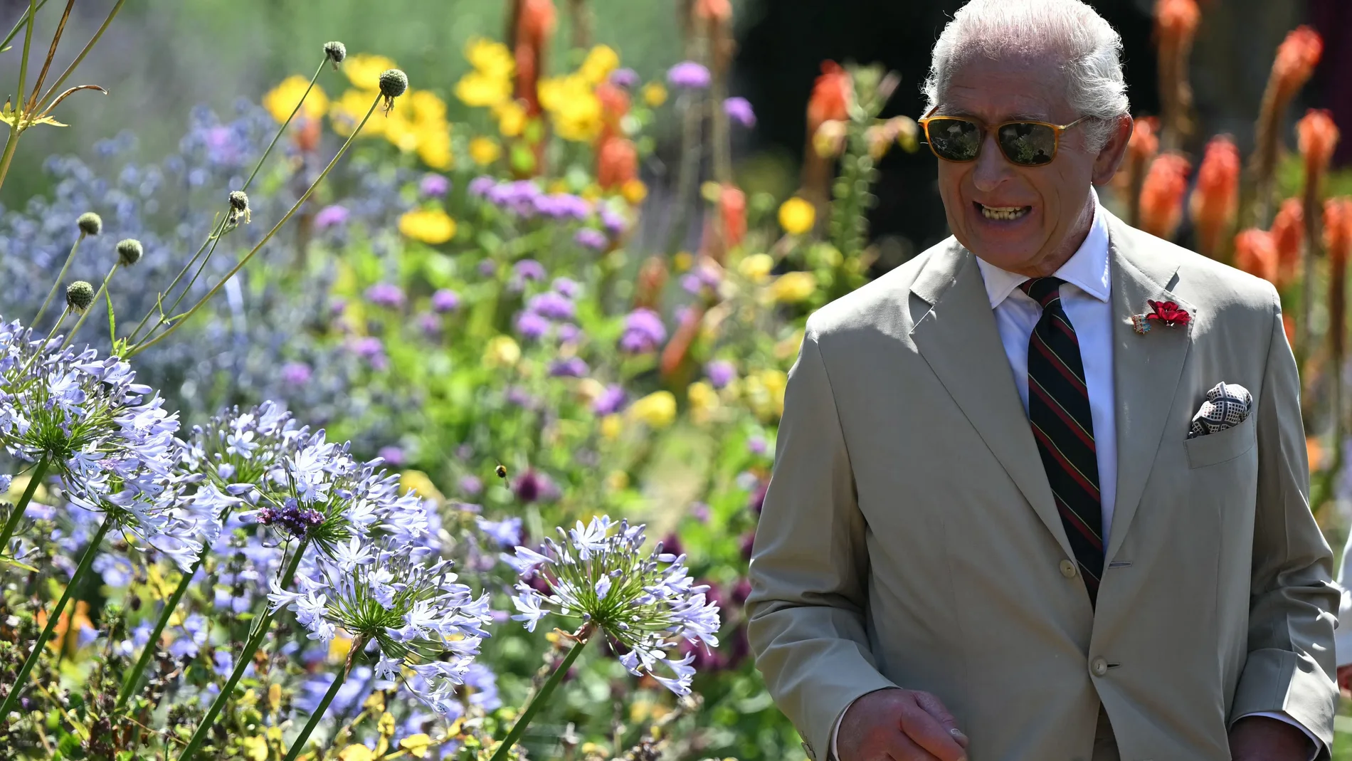 Britain's King Charles III smiles during a visit to a community garden, the historic walled garden at Deal Castle, known as the Captain's Garden , in Deal, south-east England on July 10, 2025.