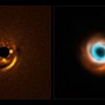 ERIS en el VLT revela un planeta bebé esculpiendo las espirales del disco protoplanetario de HD 135344B (círculo blanco), gracias al coronógrafo que bloquea la luz estelar. A la derecha, combinación de datos de SPHERE (rojo) y ALMA (naranja y azul) que hasta ahora no habían detectado al compañero.