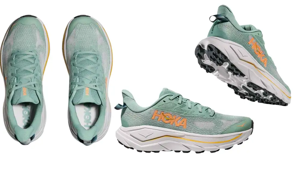 Diseño ligero y amortiguado de Hoka, pensado para terrenos mixtos y largas caminatas.