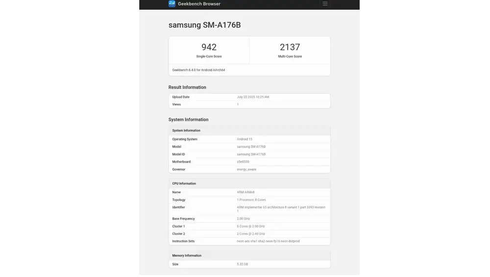 El listado de Geekbench del Samsung Galaxy A17 5G