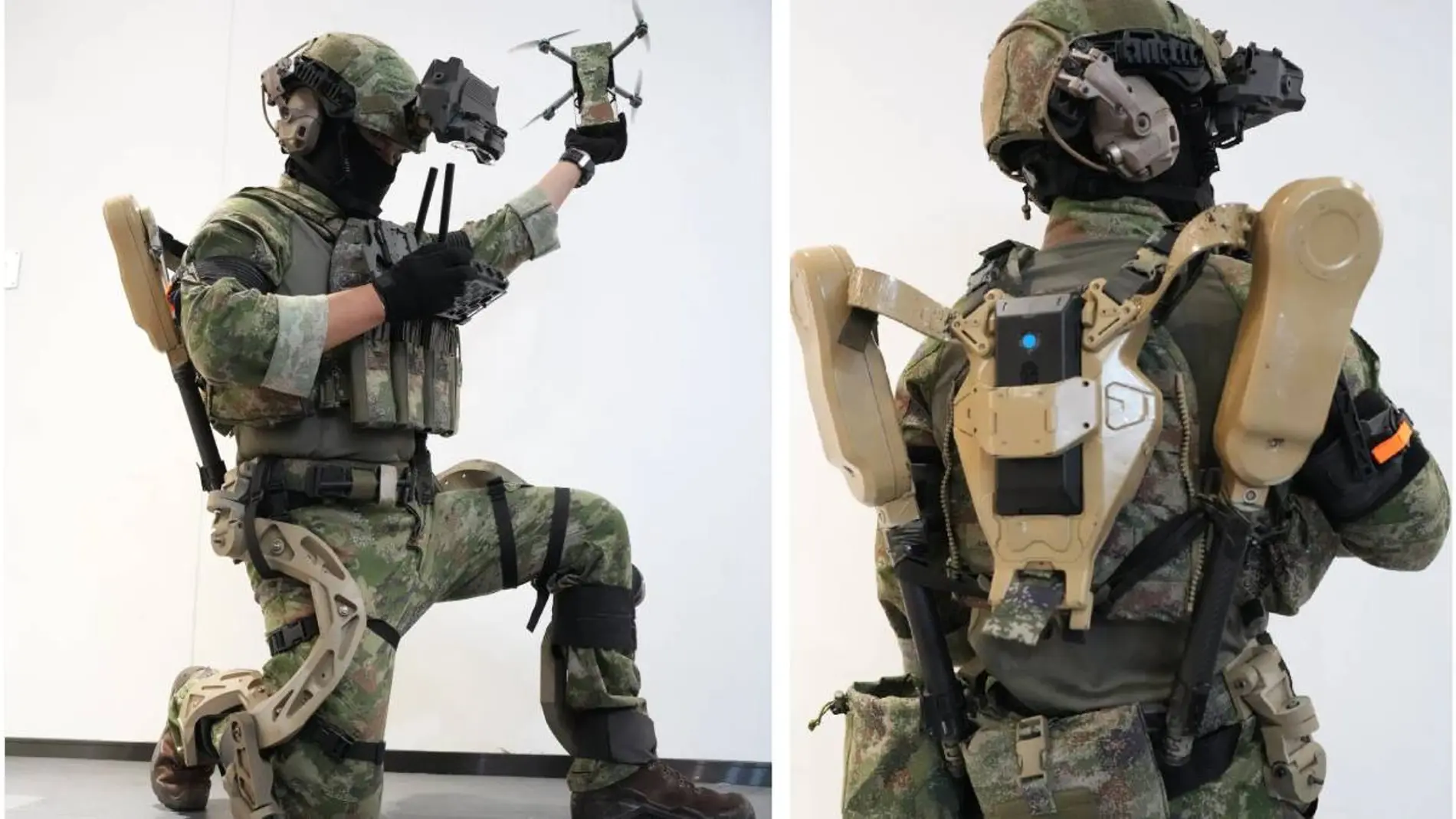 El nuevo exoesqueleto de China para operadores de drones: reduce el cansancio, mejora la fuerza y lanza drones.