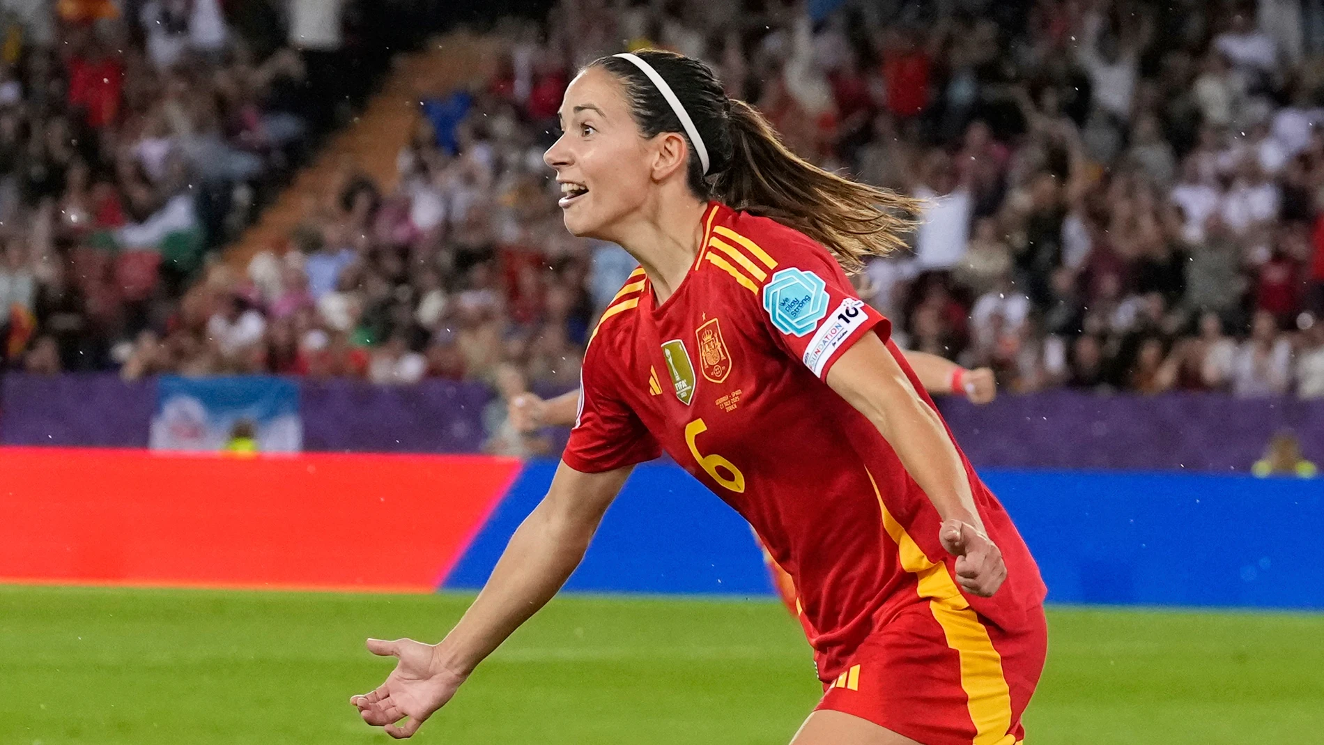 Spain's Aitana Bonmati celebrates after scoring the opening goal during the Women's Euro 2025 semifinals soccer match between Germany and Spain at Stadion Letzigrund in Zurich, Switzerland, Wednesday, July 23, 2025. (AP Photo/Alessandra Tarantino)
