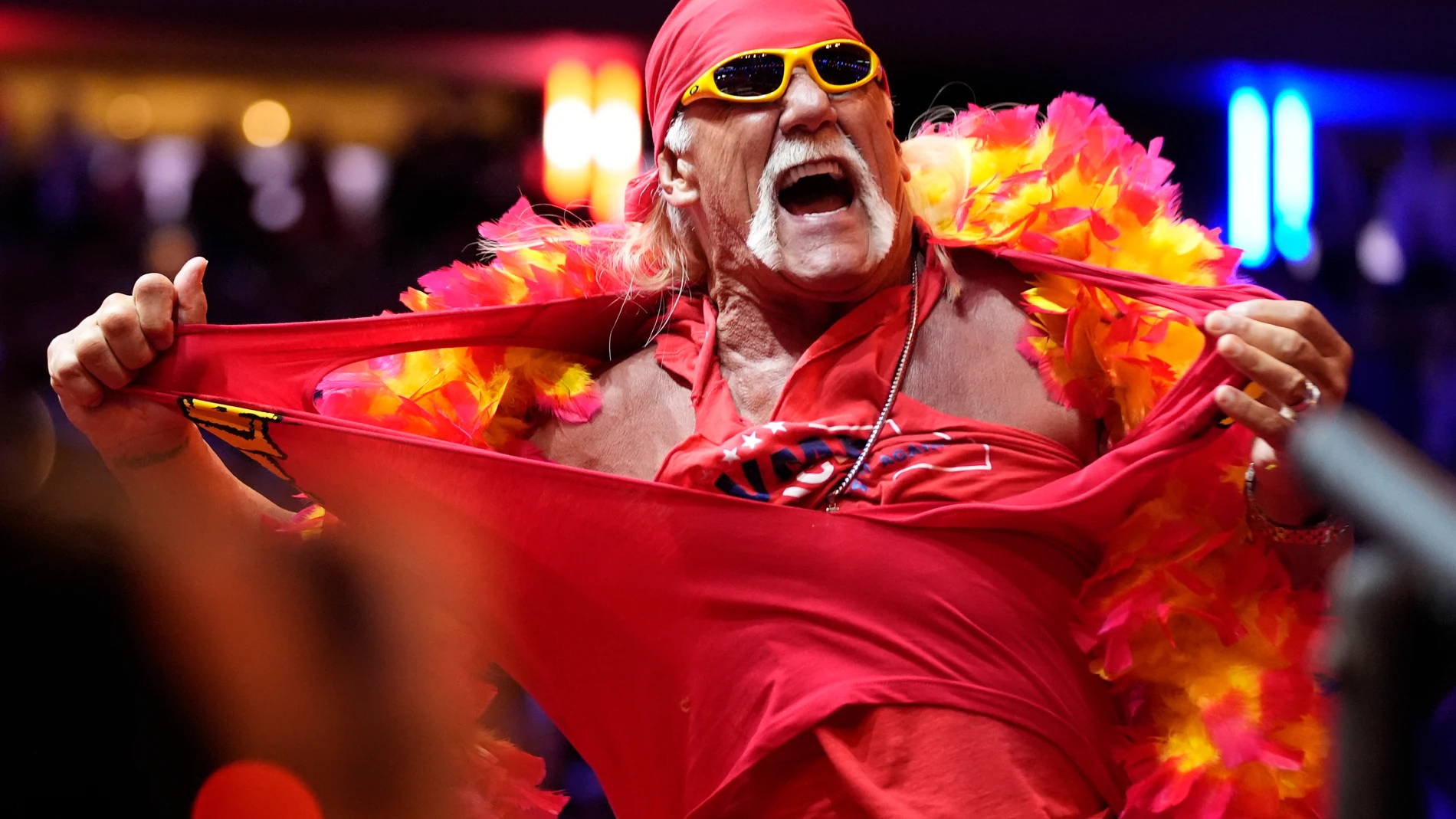 FILE - Hulk Hogan rips his shirt before Republican presidential nominee former President Donald Trump speaks at a campaign rally at Madison Square Garden, Oct. 27, 2024, in New York. (AP Photo/Alex Brandon, File)