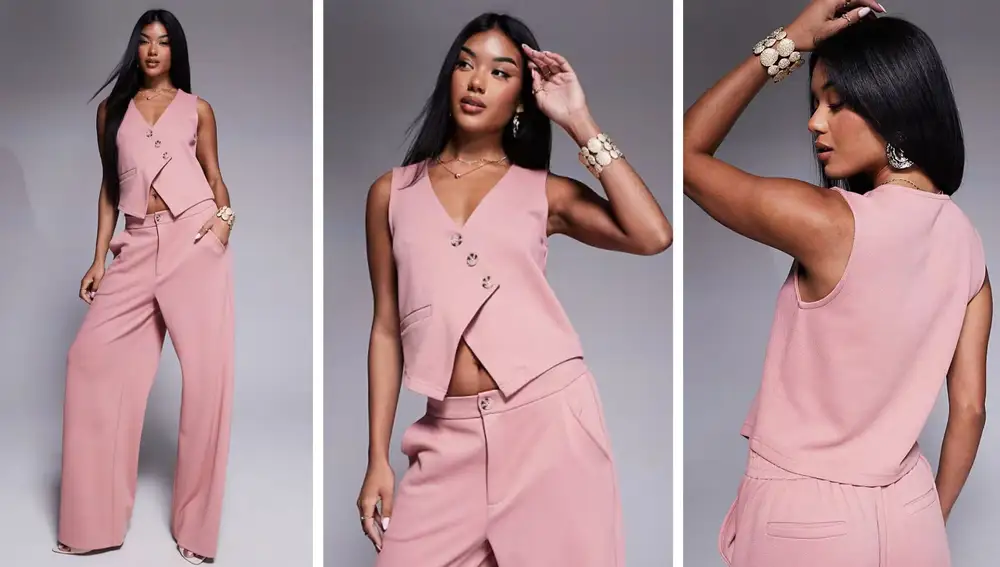 Conjunto rosa de ASOS DESIGN con top tipo chaleco y pantalón fluido de pierna ancha.