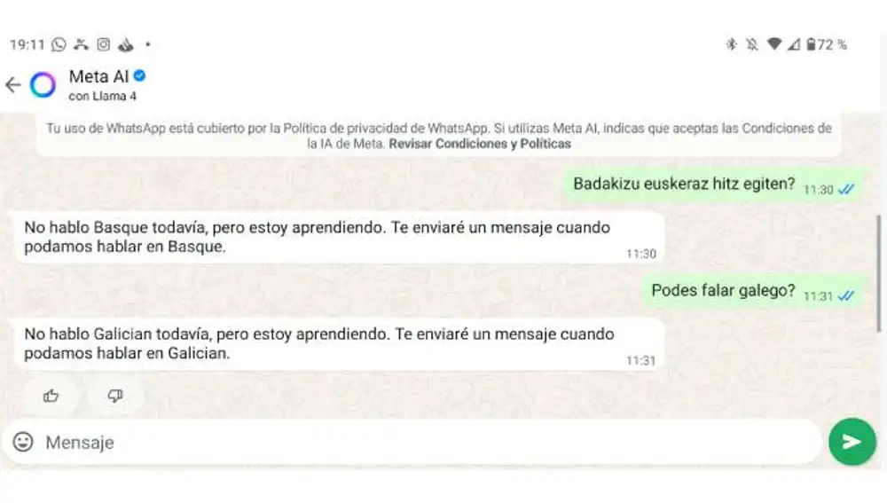 El mensaje que entrega WhatsApp cuando se le habla en una lengua cooficial.