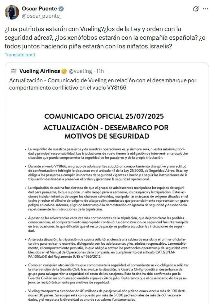 El post publicado el viernes por el ministro Óscar Puente