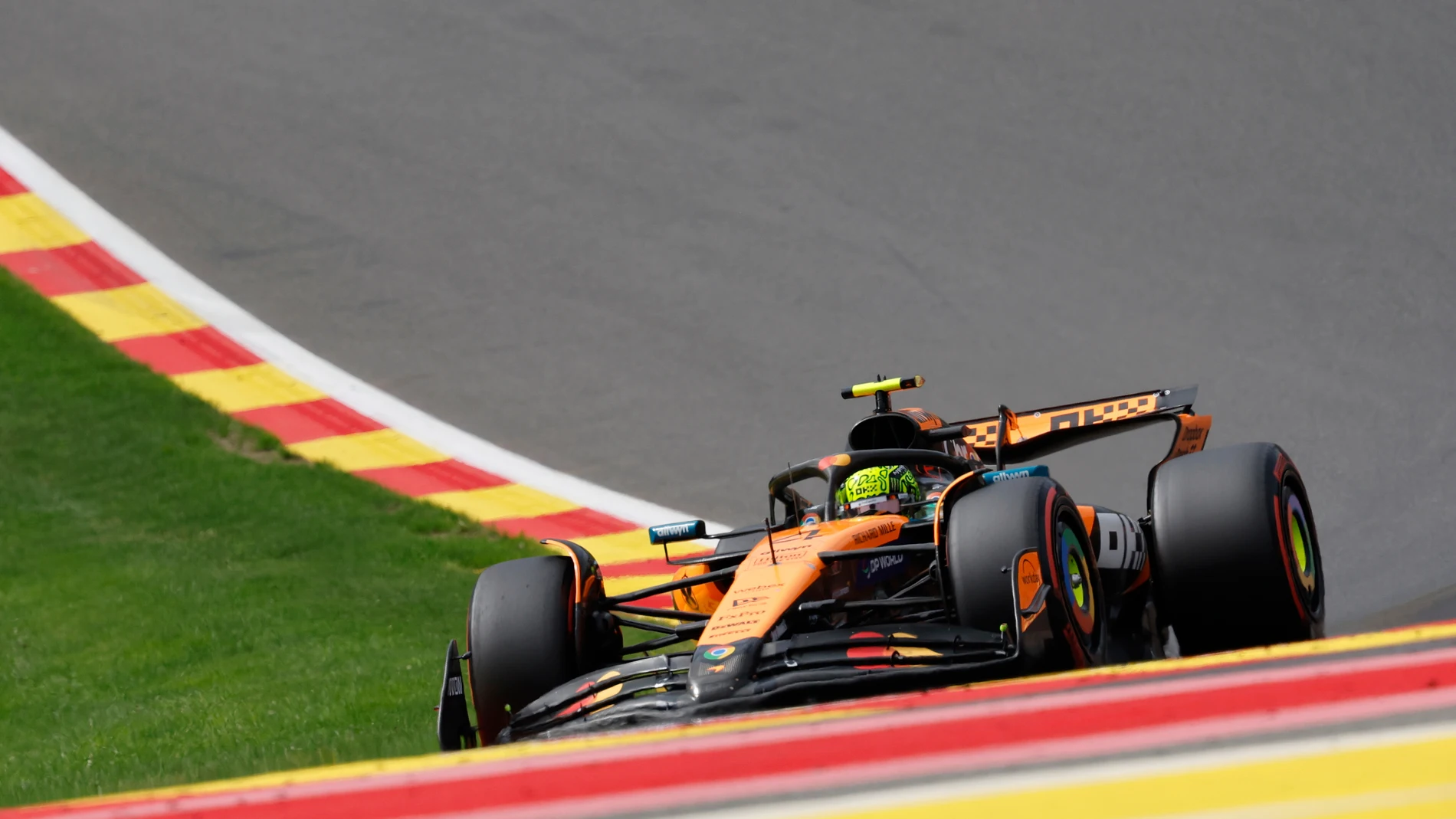 McLaren driver Lando Norris of Britain steers his car during qualification ahead of the Formula One Grand Prix at the Spa-Francorchamps racetrack in Spa, Belgium, Saturday, July 26, 2025. (AP Photo/Geert Vanden Wijngaert)