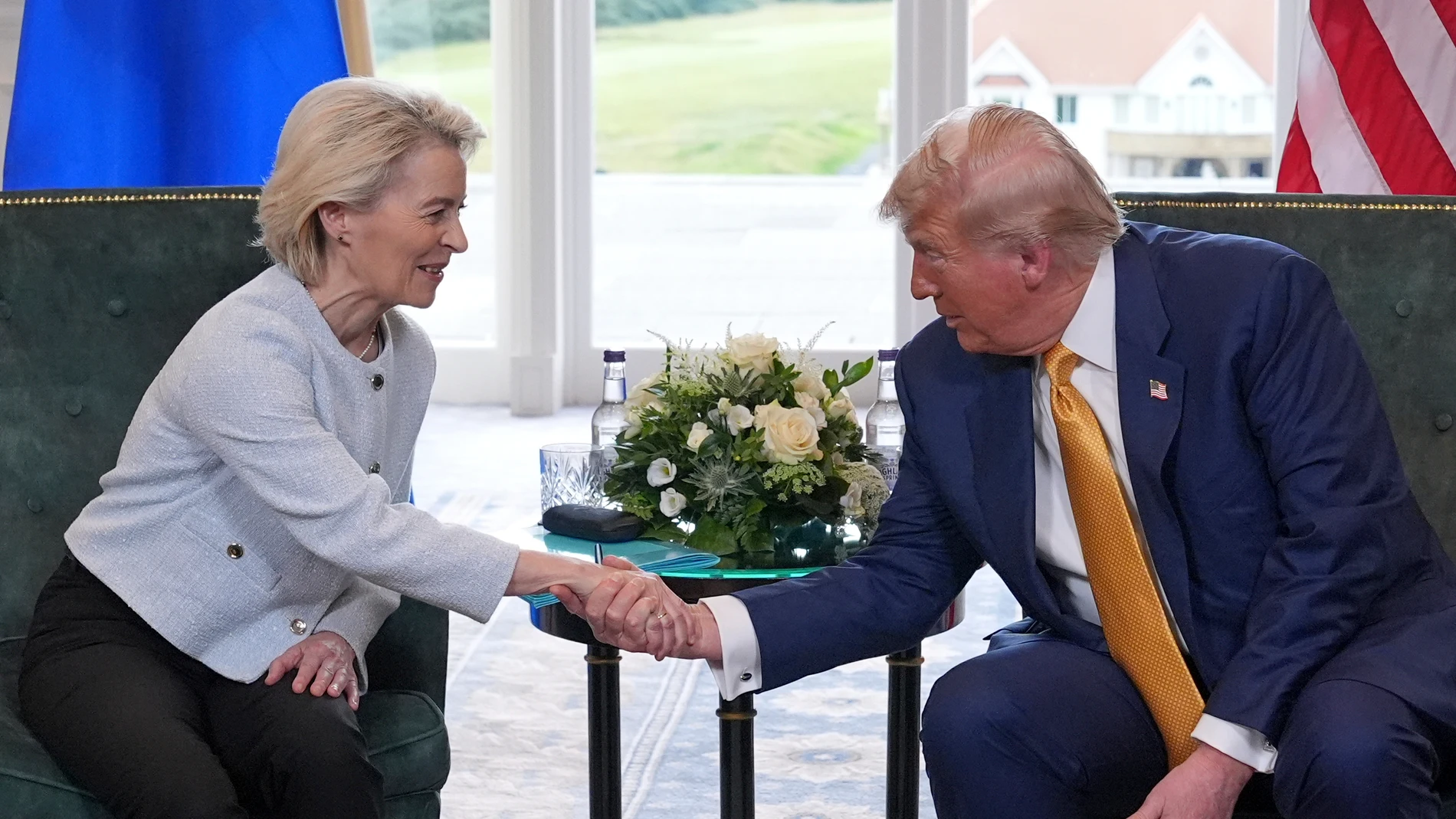 President Donald Trump shakes hands with European Commission President Ursula von der Leyen as they meet at the Trump Turnberry golf course in Turnberry, Scotland Sunday, July 27, 2025. (AP Photo/Jacquelyn Martin)