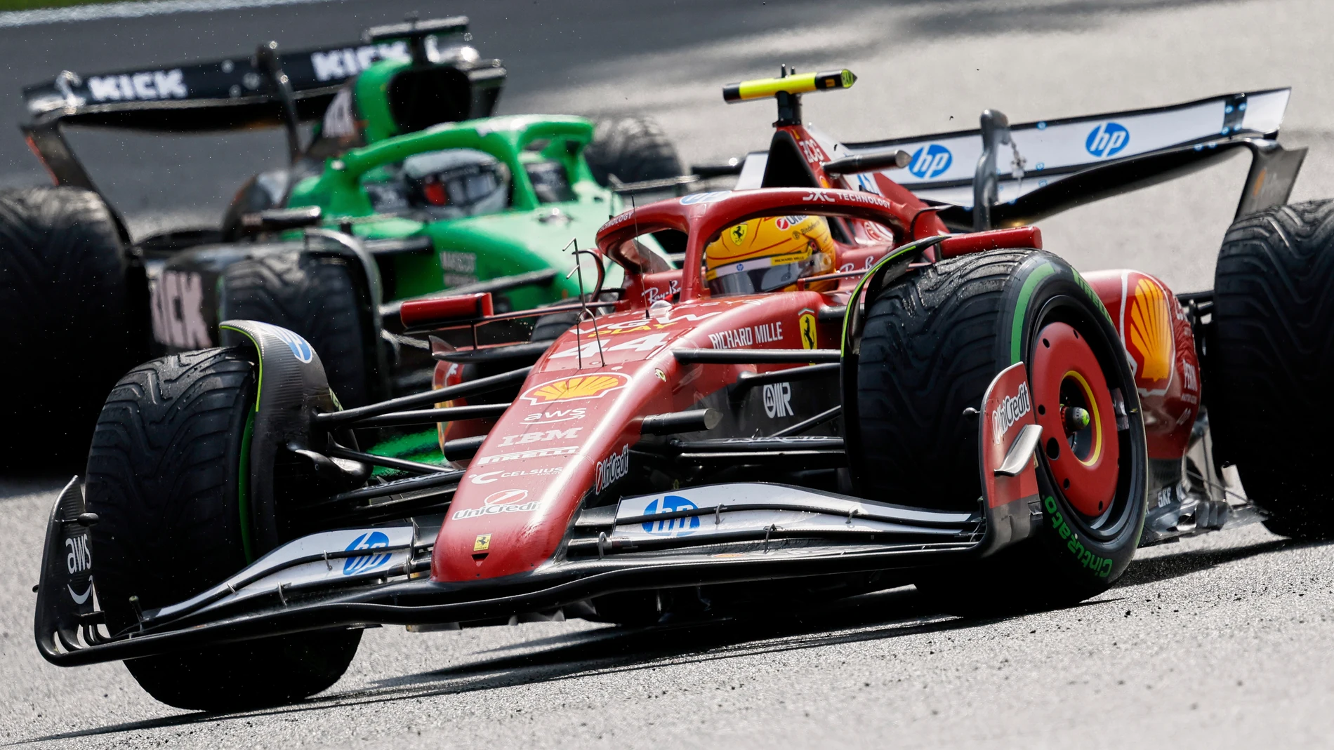 Ferrari driver Lewis Hamilton of Britain steers his car during the Formula One Grand Prix at the Spa-Francorchamps racetrack in Spa, Belgium, Sunday, July 27, 2025. (AP Photo/Geert Vanden Wijngaert)
