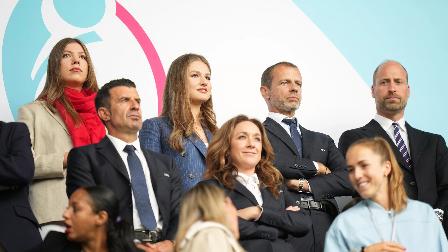 Princess Sofia and Princess Leonor of Spain, from left, UEFA president Aleksander Ceferin and Britain's Prince Williamattend the Women's Euro 2025 final soccer match between England and Spain at St. Jakob-Park in Basel, Switzerland, Sunday, July 27, 2025. (AP Photo/Alessandra Tarantino)