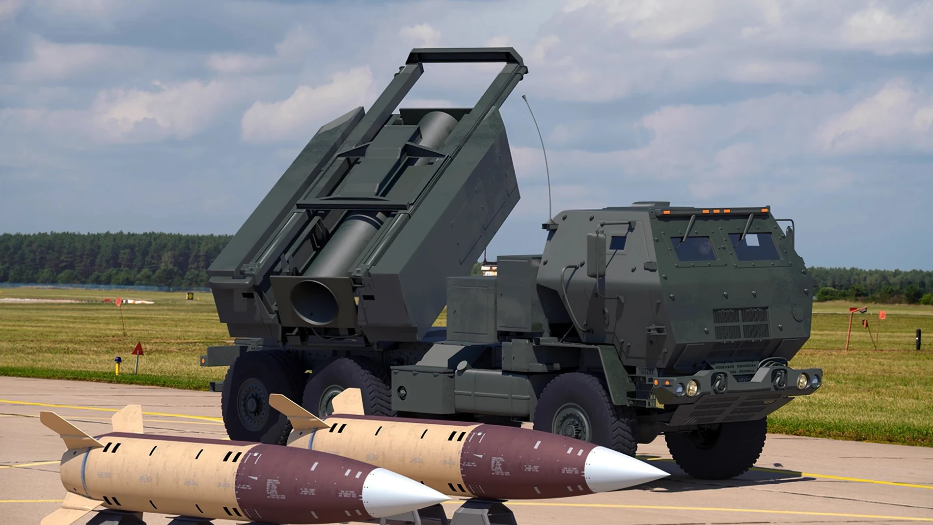 Camión militar con una lanzadera en su parte trasera preparada para lanzar misiles de gran tamaño